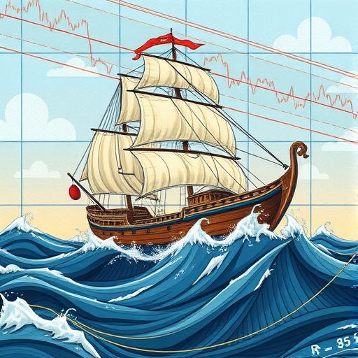 一艘船在波濤洶湧的海上航行，周圍有貨幣符號