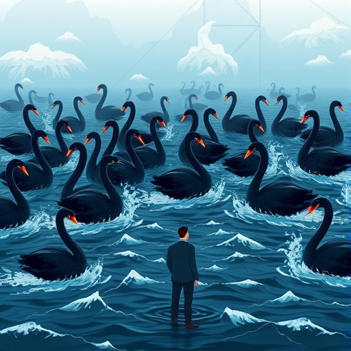 一位投資者站在黑天鵝牆前，象徵意外事件