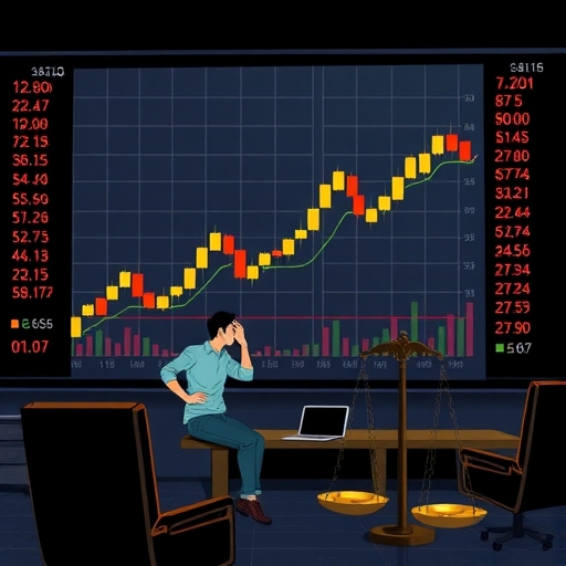 一位焦慮的投資者在昏暗的房間中觀看數字和圖表