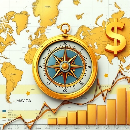 一個金色的羅盤與地緣政治地圖的組合