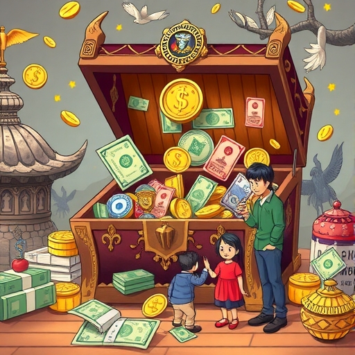 一個象徵外匯儲備的巨大寶庫，裡面有各國貨幣和資產