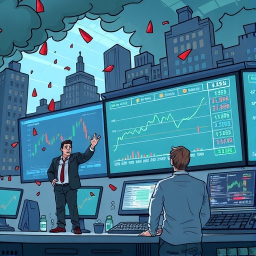 一個暴風雨中的市場場景，股價下跌的情況