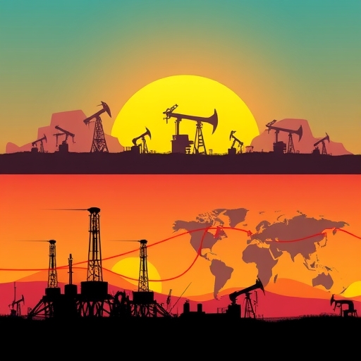 油井在夕陽下的城市天際線