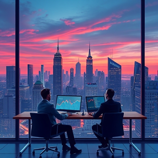 色彩鮮豔的城市天際線與金融圖表重疊