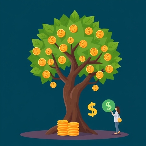 一幅象徵財務成長的股息插圖,以樹和硬幣展示