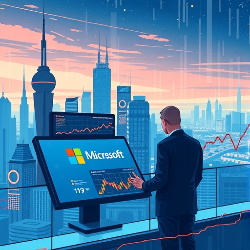 一位投資者正在數位螢幕上查看股票數據,顯示微軟的標誌