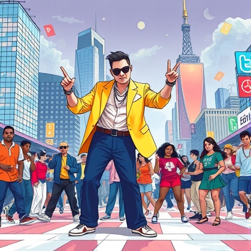 Psy在城市背景中表演騎馬舞