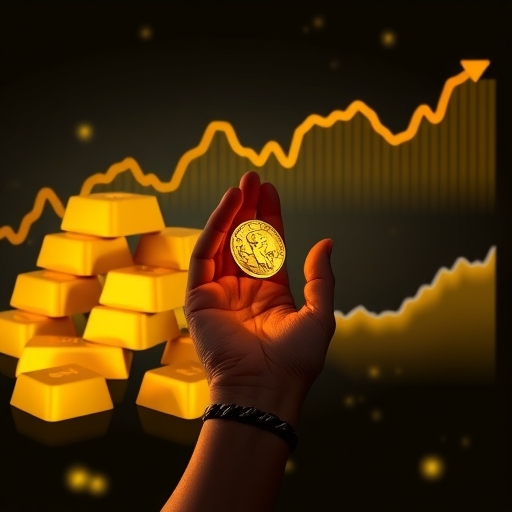 一位男子正在自然中握著黃金礦石