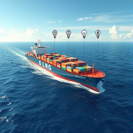 一艘貨櫃船正在海上推進,展現現代航運技術