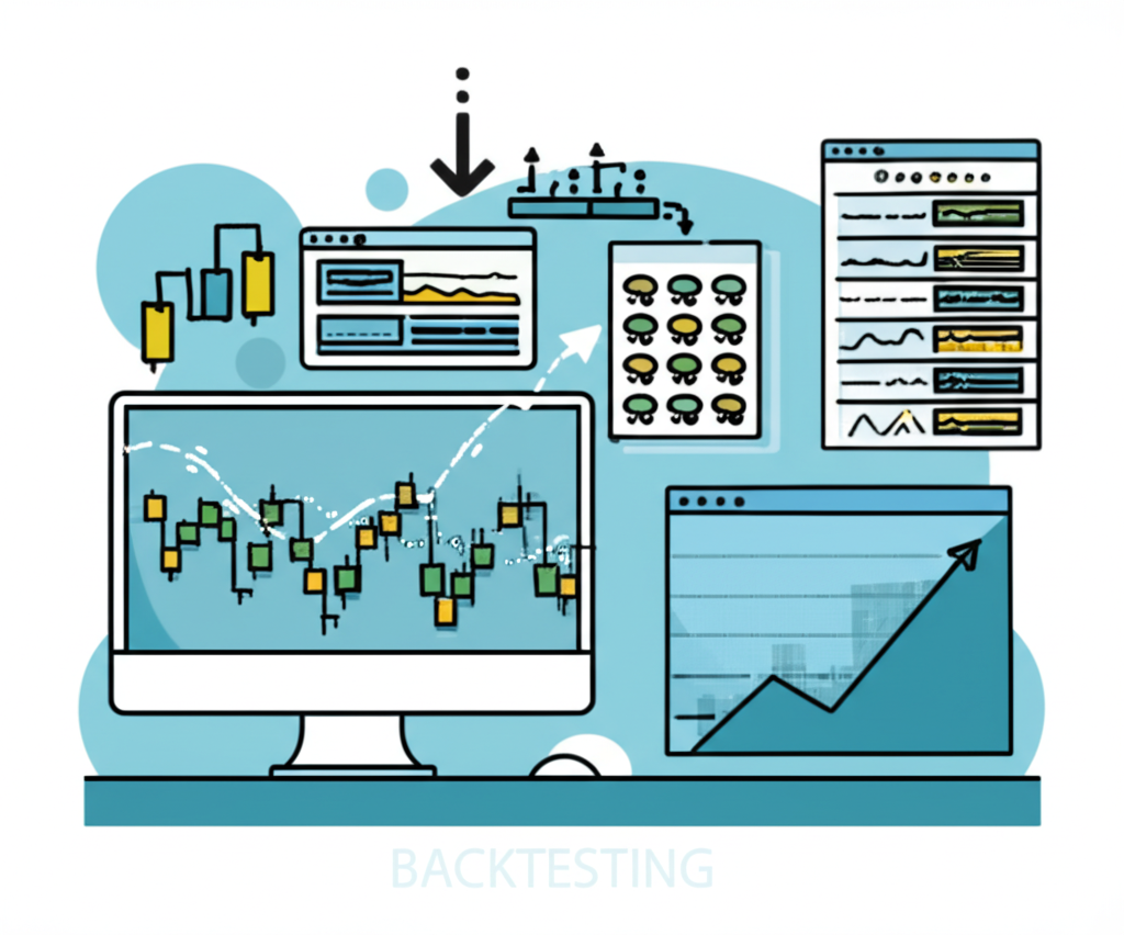 一位投資者坐在多個電腦螢幕前，分析複雜的股票圖表與指標，反映投資策略和回溯測試的細緻分析過程。