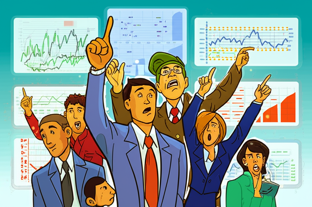 一群商務人士圍繞數據圖表討論經濟形勢