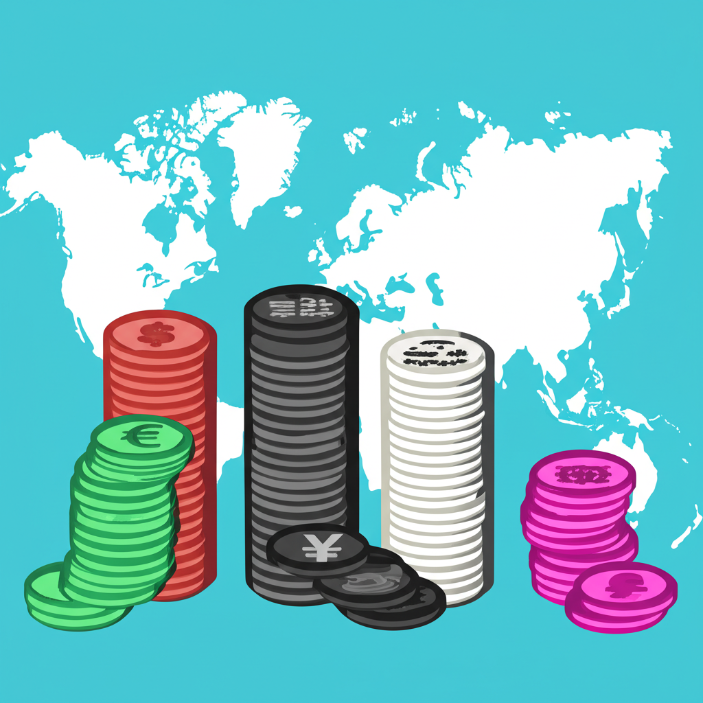 全球主要貨幣圖示與成長箭頭,象徵國際金融市場的流動與變化