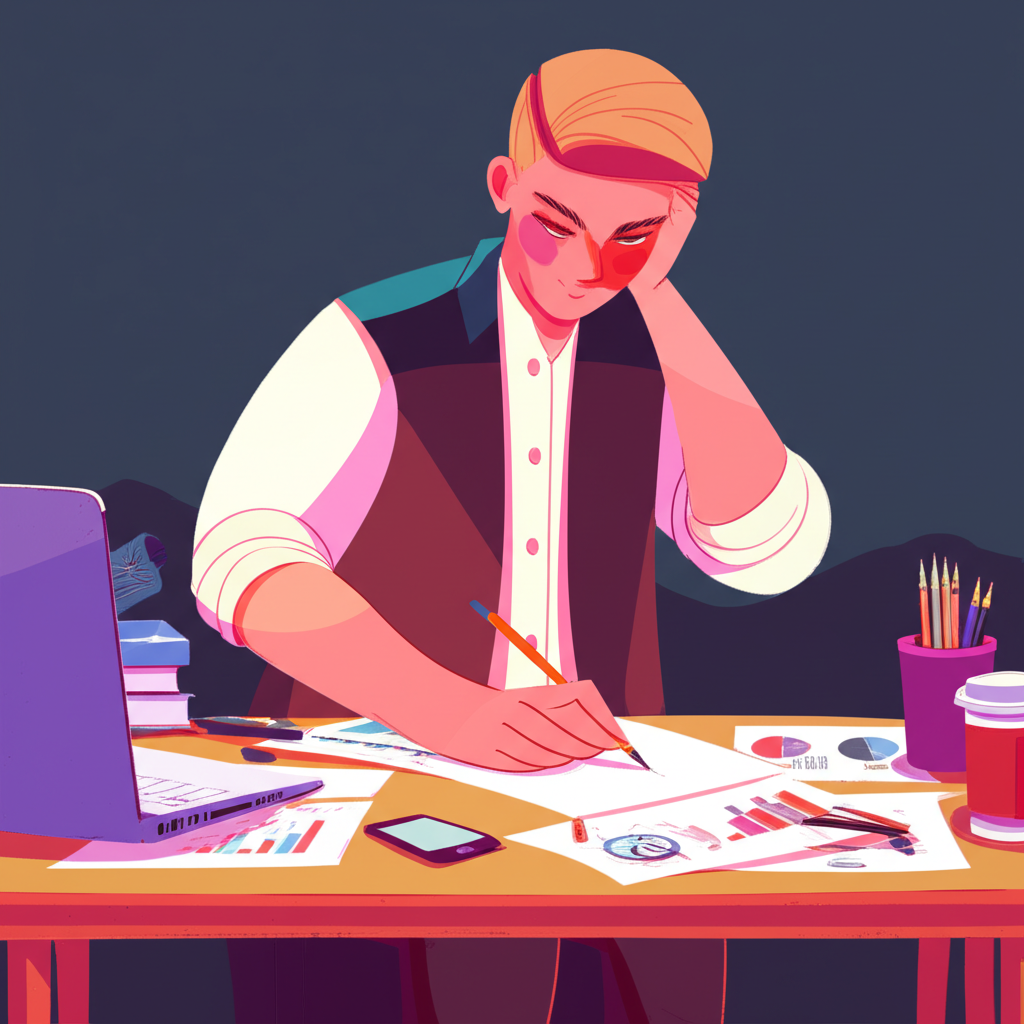 一位投資者正在分析股票市場數據,顯示金融圖表與成本計算。