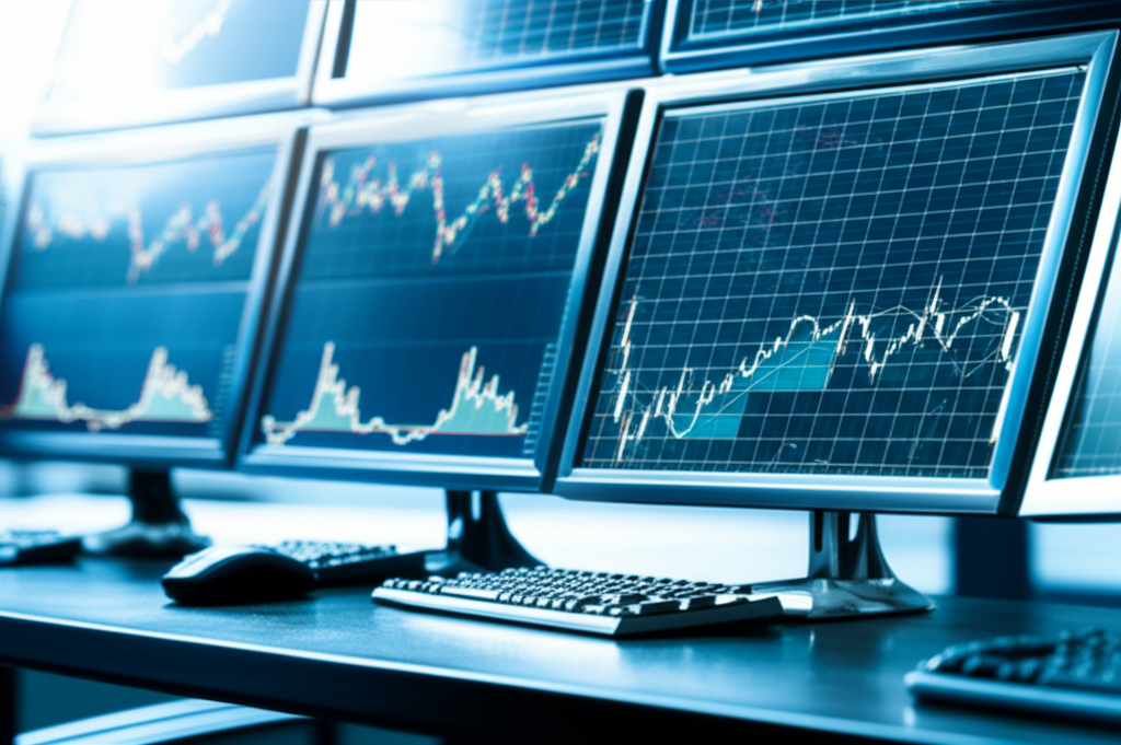 一個人手持智慧型手機進行行動股票交易，手機螢幕顯示即時圖表和買賣選項，背景為模糊的城市天際線。