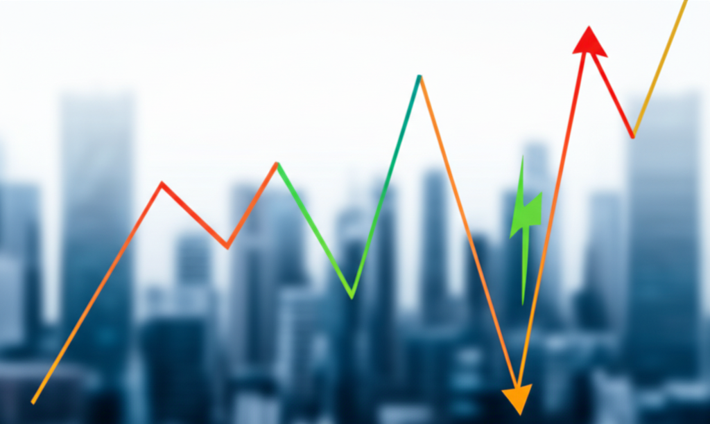 一位焦慮的投資人正盯著電腦螢幕上的股票圖表，背景是繁忙的交易大廳，圖表顯示市場劇烈波動。