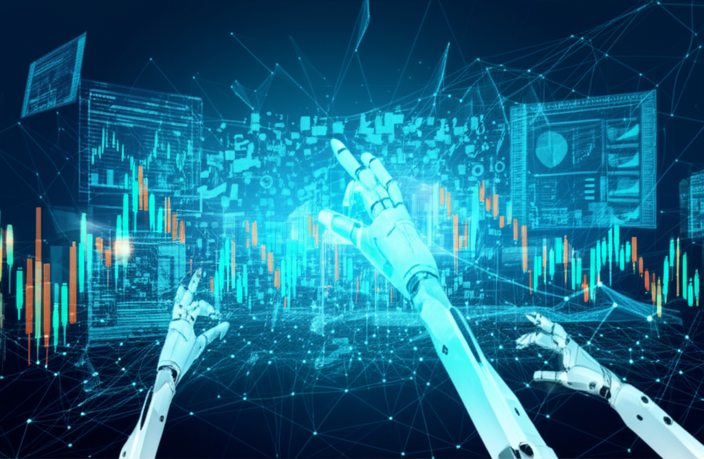 一個顯示市價單、限價單、停損單和追蹤止損單等不同訂單類型及價格圖表的數位股票交易平台介面。