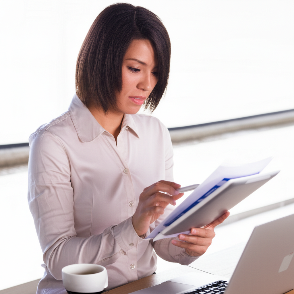 一位專業女性正在使用筆記本電腦分析財務報表，背景是穩定的成長曲線。