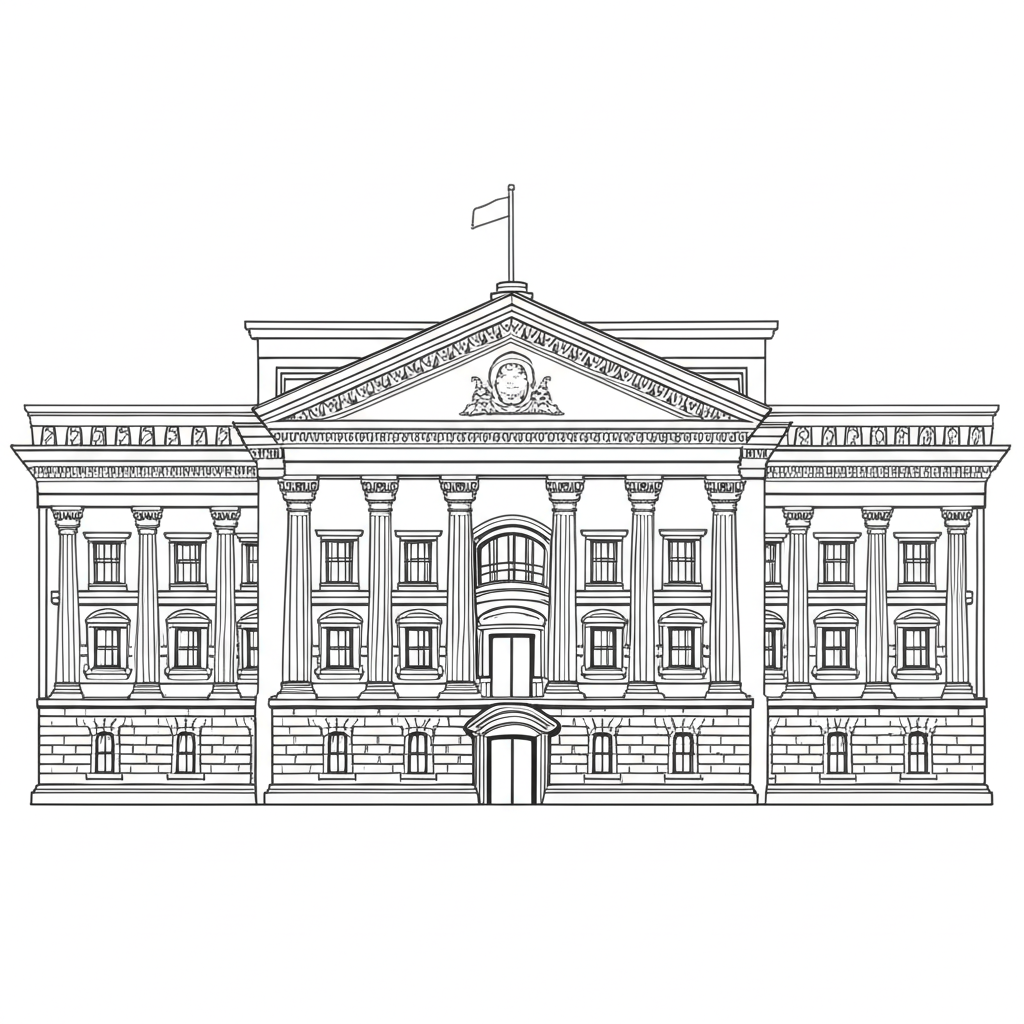 描繪中央銀行大樓，象徵貨幣政策的權威與穩定經濟的職責。