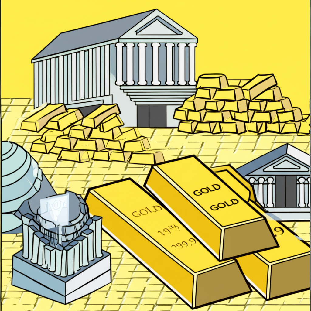 全球各國中央銀行建築物融合為一,散發金色光芒,象徵全球央行對黃金市場的集體影響力。