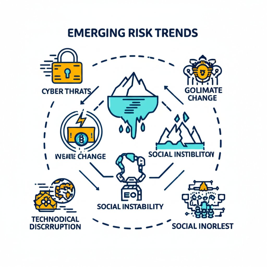 一個企業高階主管團隊在現代會議室中，檢視顯示網路安全威脅、地緣政治影響和新興技術風險的綜合企業風險管理儀表板