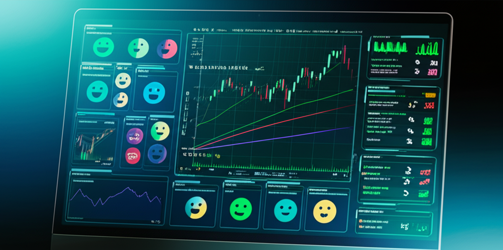 人工智慧驅動的市場分析抽象圖，發光的類神經網路和數據點疊加在K線圖上。