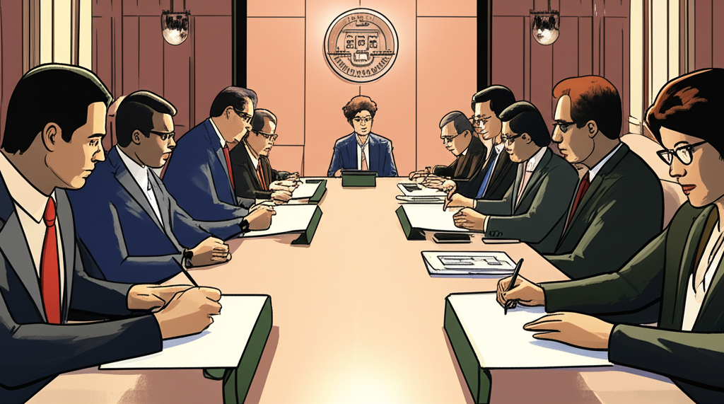 一位中央銀行行長在記者會上發表貨幣政策聲明，背景有官方標誌。
