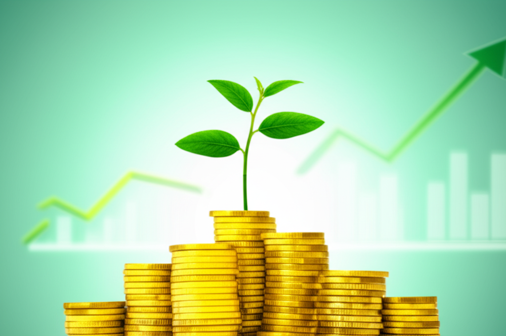 電腦螢幕上顯示的股票市場圖表特寫，顯示股價上漲趨勢，包含綠色和紅色K線圖。