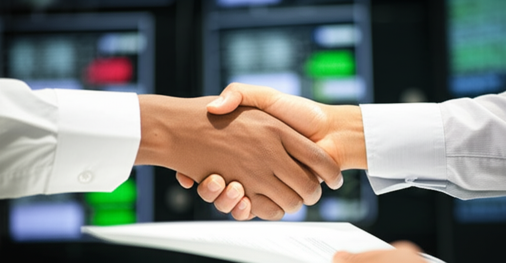 一隻手拿著智慧型手機，顯示即時股價和K線圖的交易介面。