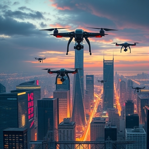 未來城市的空中景象與無人機