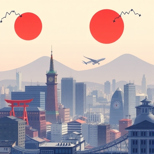 日本經濟復甦的插圖,顯示上升的圖表、日本國旗、齒輪和城市天際線。