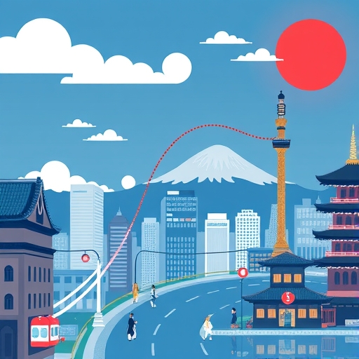 一位投資者正在分析圖表,背景有日本建築和貨幣符號,象徵市場與投資機會。