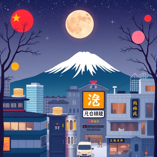 一座工廠在旭日東升的背景下,周圍有日圓硬幣和科技元素,象徵工業生產與經濟發展。