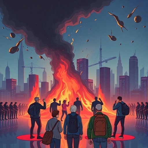 股市崩盤時股價急劇下跌的示意圖,下方有焦慮的人群。