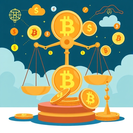 一隻手握著區塊鏈網路和數位貨幣，上方有一隻代表監管機構的眼睛，象徵加密貨幣監管。