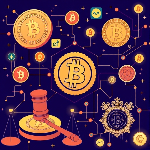 一個象徵監管平衡的天秤，一邊是傳統金融資產，一邊是數位加密貨幣。