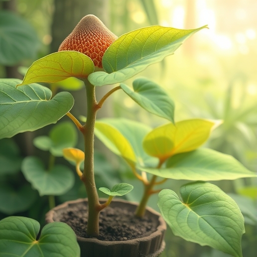 一株蒟蒻植物在自然環境中的插畫。