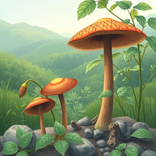 一株蒟蒻植物在自然環境中的插畫。