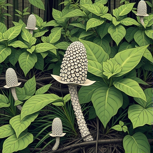 一株蒟蒻植物在自然環境中的插畫。