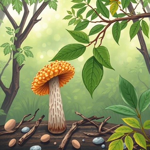 一株蒟蒻植物在自然環境中的插畫。