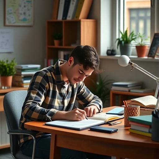 一位學生在書桌前閱讀資料