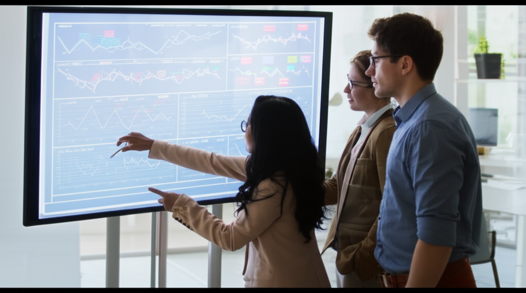 象徵股市中「AI與金融產業」的未來感數位插圖，兩個互連的球體代表AI和金融，數據流穿梭其中。