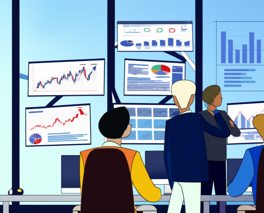 一隻手指向筆記型電腦螢幕上的股票市場圖表，圖表顯示多條線條和數據點。