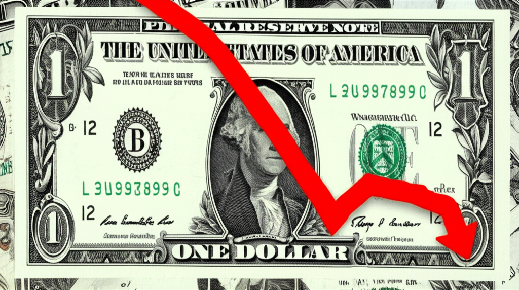 美元圖示與向下箭頭，象徵美元近期看跌趨勢