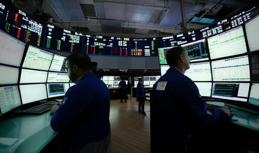 螢幕上顯示著快速變動的股票K線圖，象徵超短線交易。