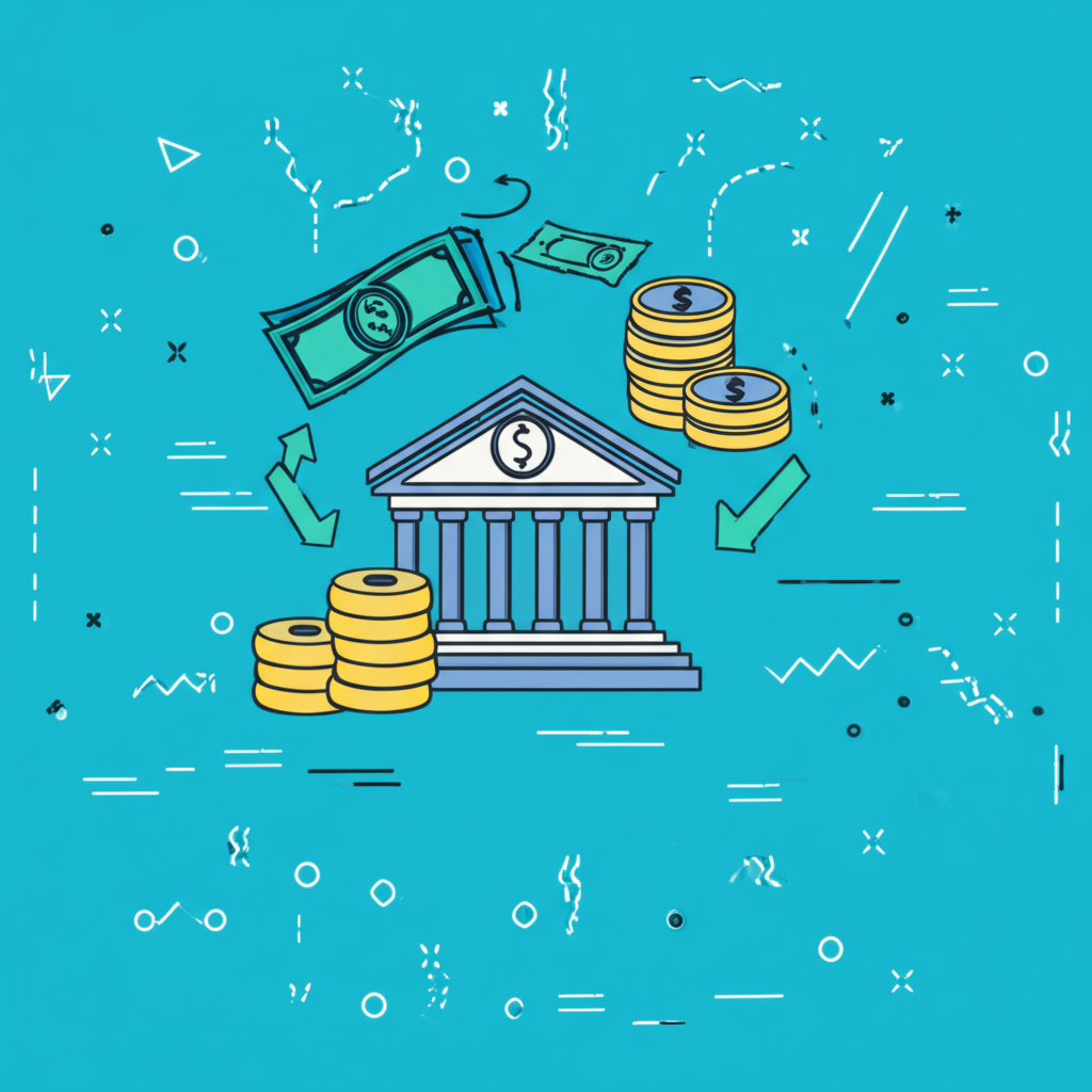 一張圖表,顯示資金從中央銀行流向商業銀行,再流向企業和消費者的過程。