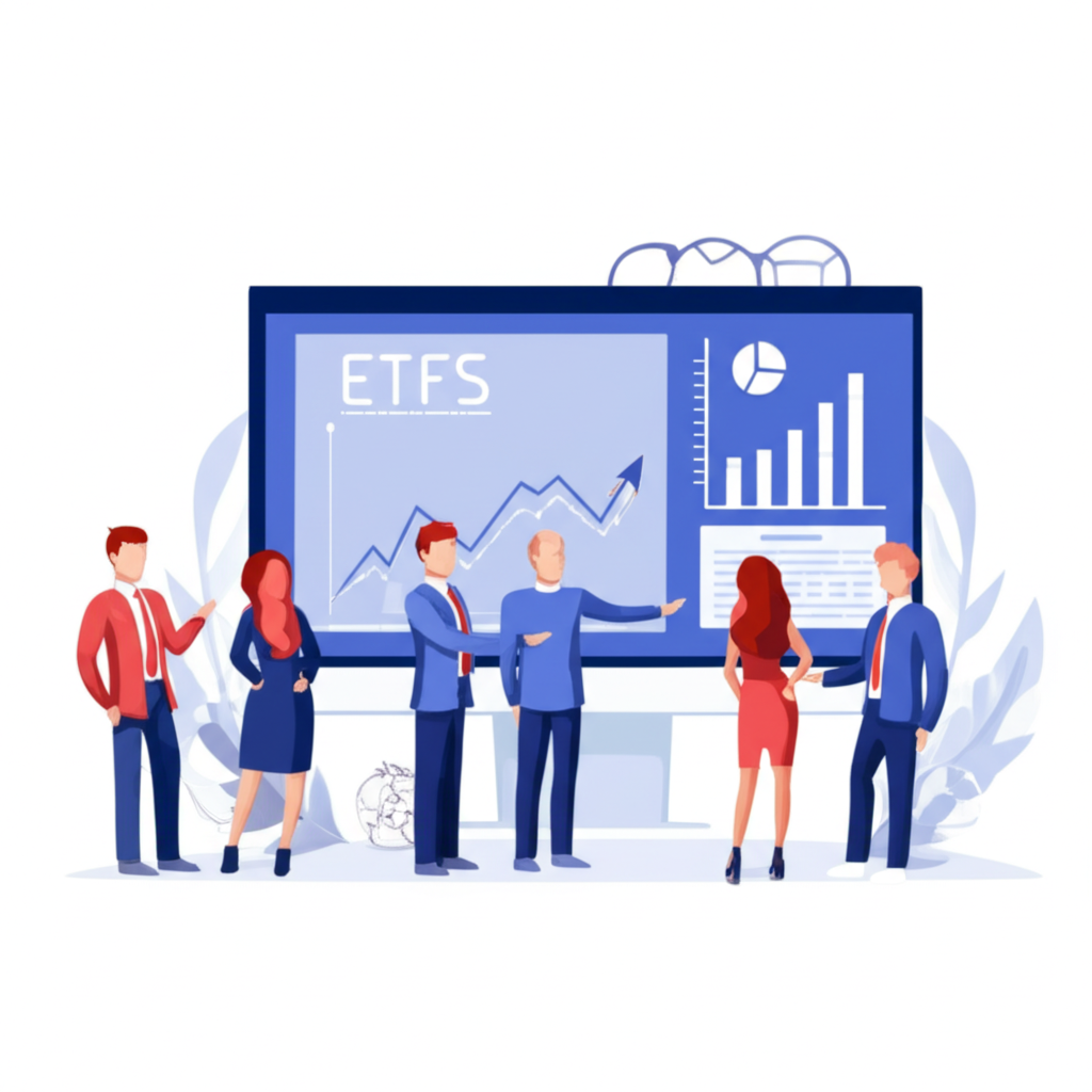 一位小資族正在螢幕上查看多種投資選項，包括代表不同類型ETF的圖表和圖示。