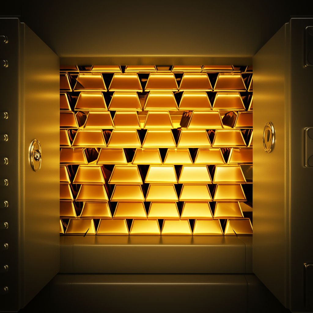 各式金幣與小金條整齊堆疊在木桌上,閃爍著金屬光澤。