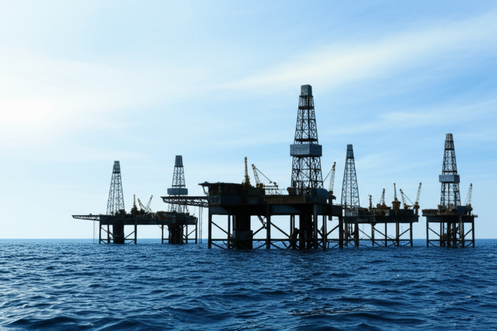 一座煉油廠與油桶,象徵全球石油供應。