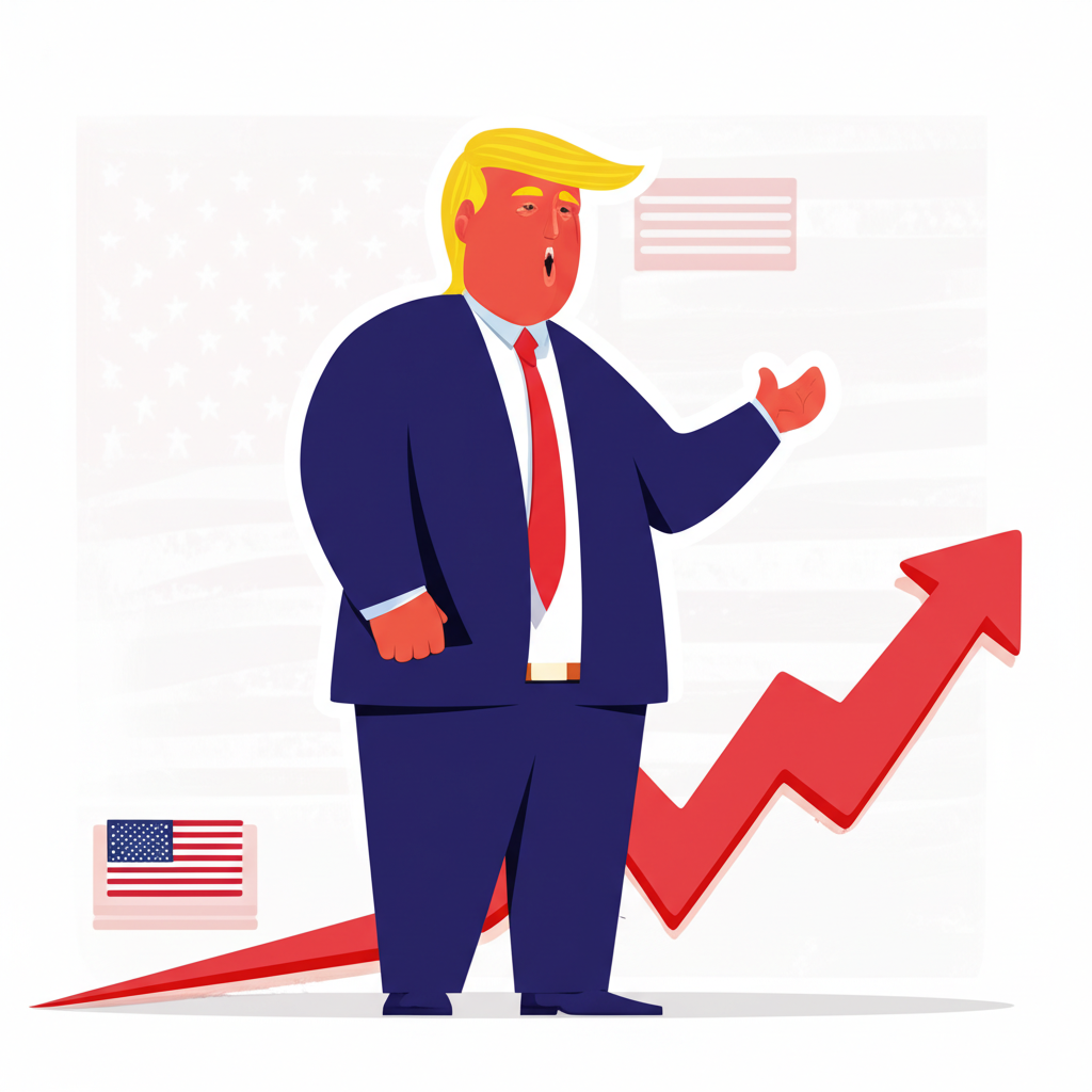 新聞跑馬燈顯示川普、關稅和貿易戰標題，背景為川普，傳達市場不確定性