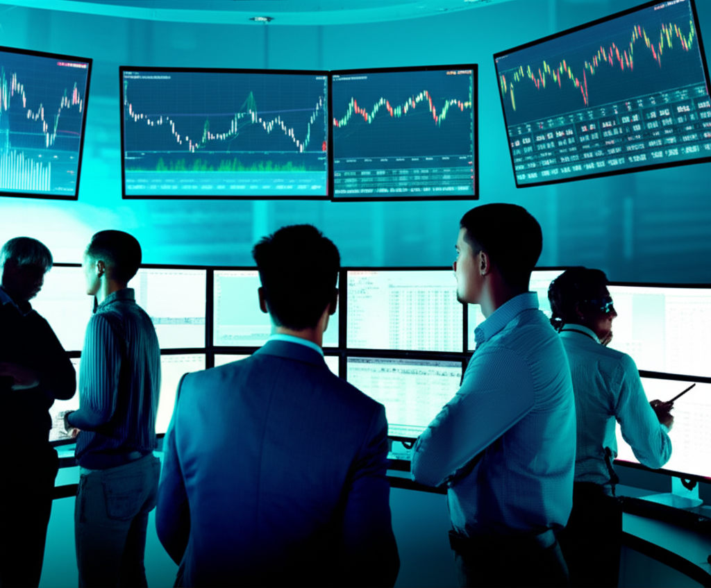 繁忙的交易員正在使用多個螢幕監控股票市場